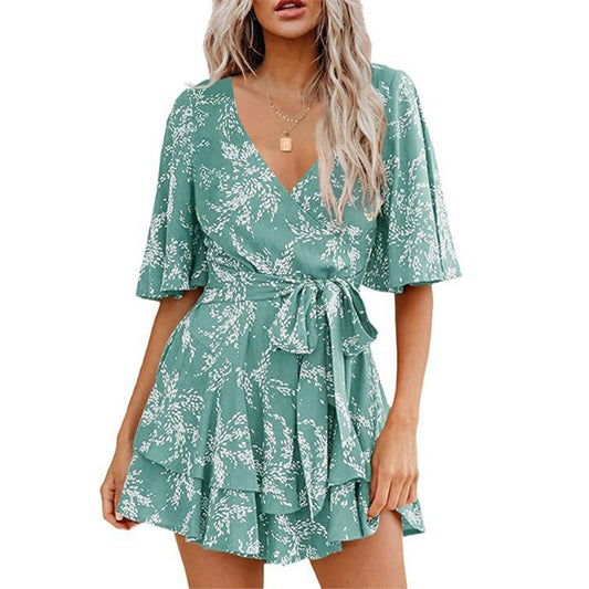 Floral V-neck Flare Pleated Dress